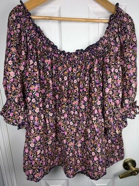 Old Navy Pink Floral Peasant Blouse Women's 2X Smocked Off Shoulder Cottagecore